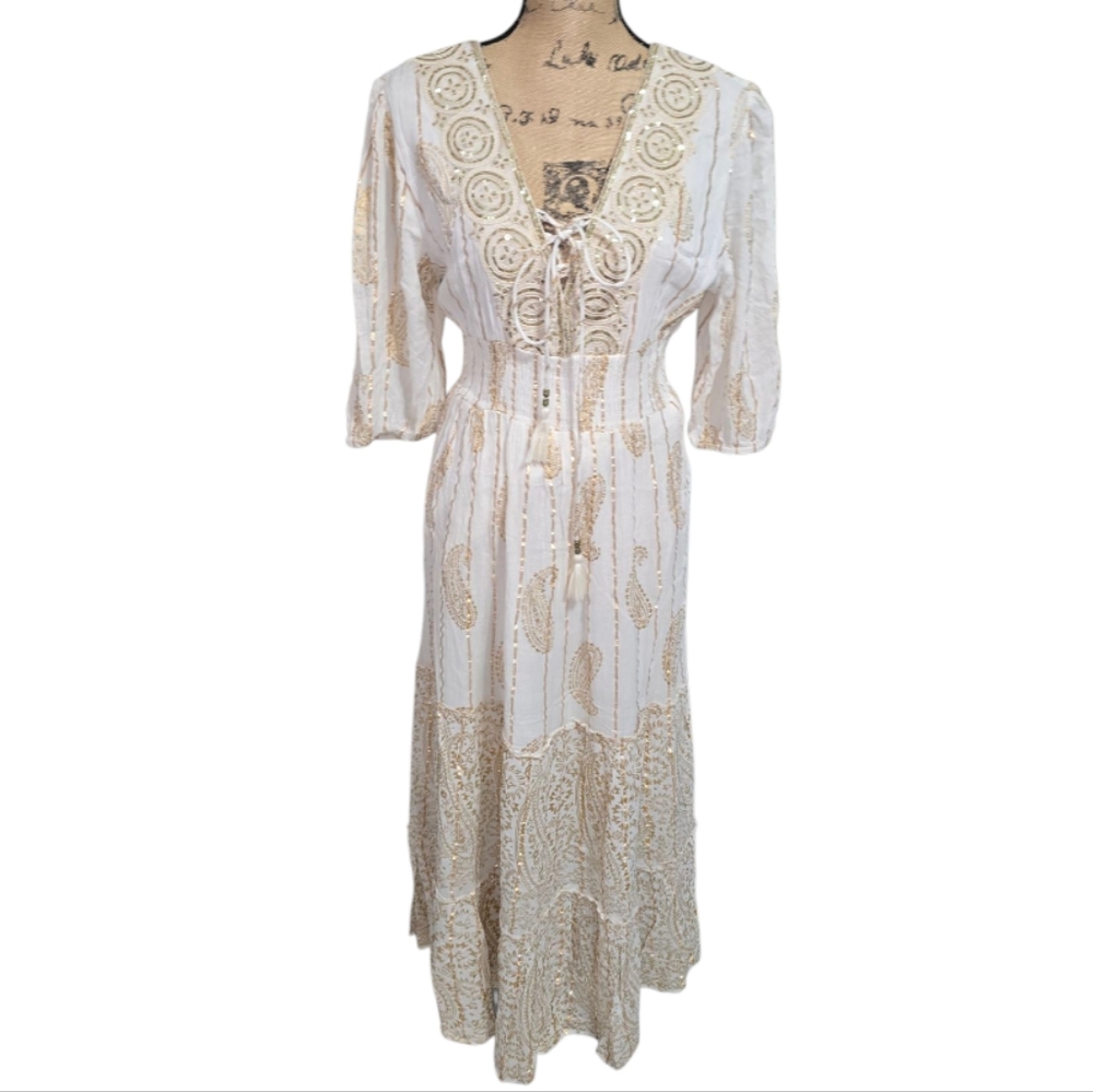 Anthropologie X Magic Me Cream And Metallic Gold Bohemian Lace Midi Dress SZ XL